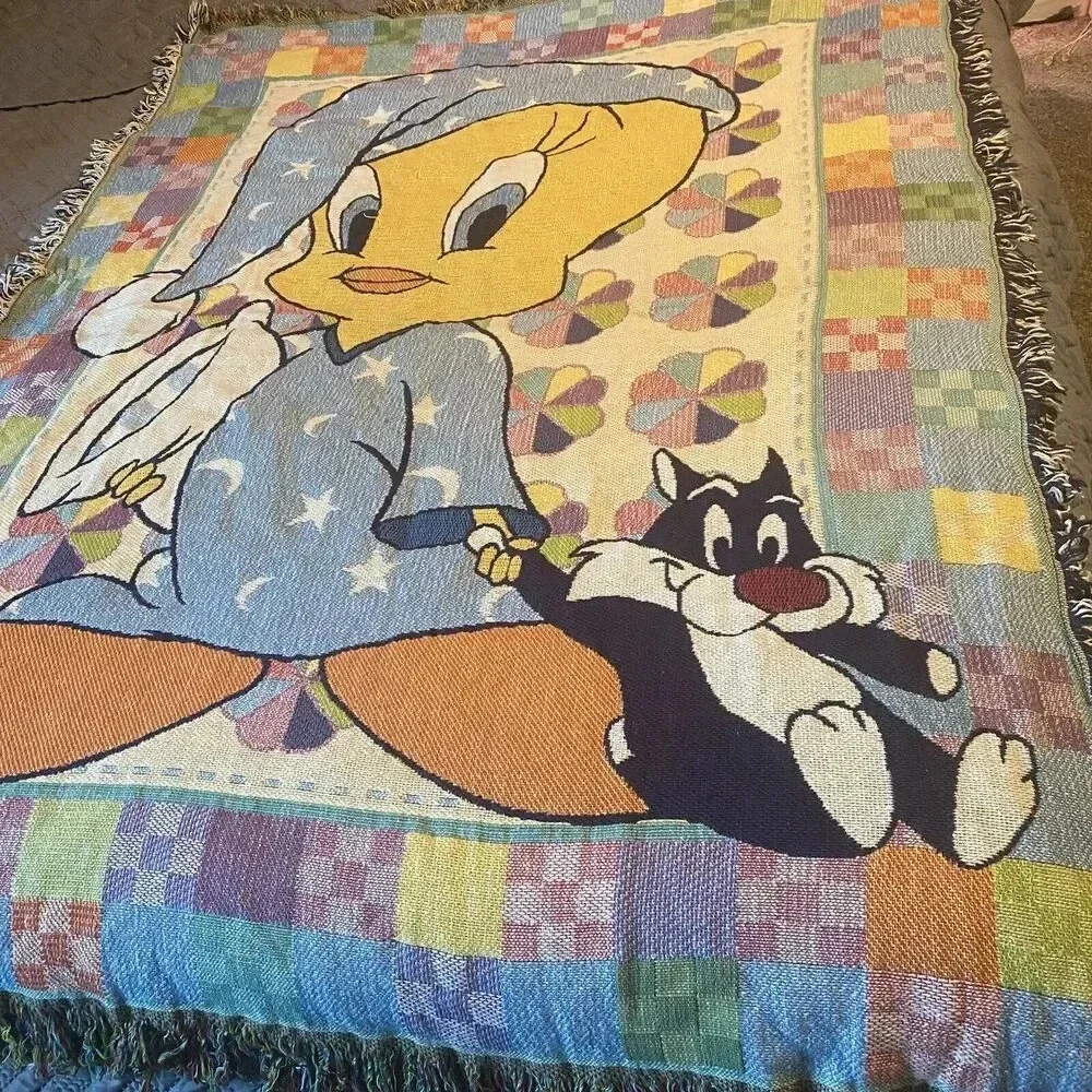 VTG 90s Baby Toddler Looney Tunes Cotton Blanket Sylvester Tweety Bird Blue Cozy